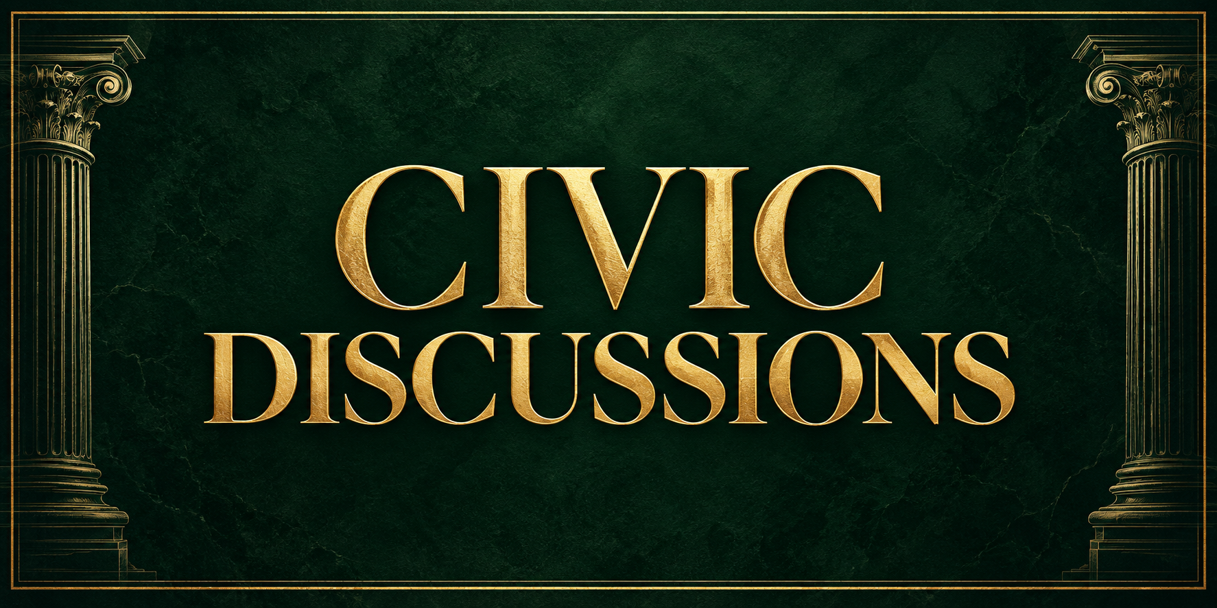 Civic Discussions gold wordmark on emerald